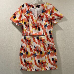 NEW VERY J Short Sleeve Mini Peekaboo Midriff Abstract Ivory/Orange Women Size L
